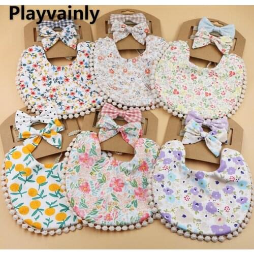 Wholesale 2021 Hot Sale New Autumn Baby Girls Boys Bibs Sets Floral Print Burp + Headwear Newborn Accessories Infant E032