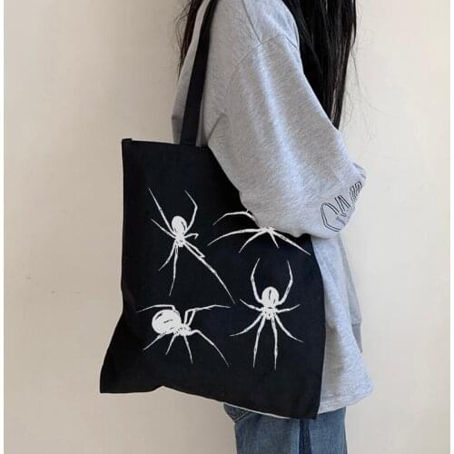 Japanese evil printing casual canvas bag new large-capacity hip-hop Vintage shopper bag punk spider y2k dark female shoulder bag