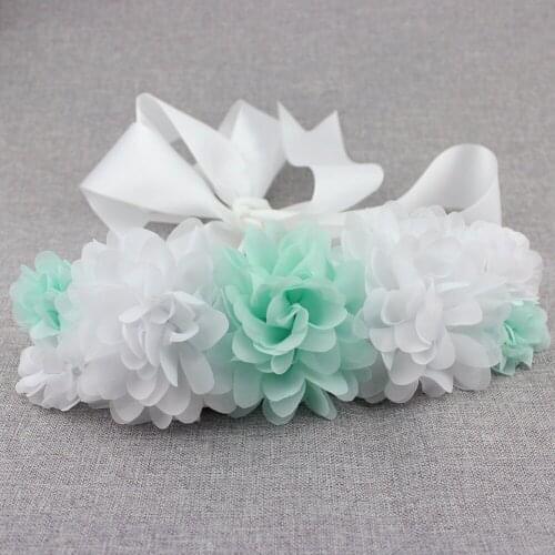 Maternity Flower Sash Girl Shower Dress Accessory Photo Prop Wedding Party Bridal Belt White Chiffon Floral Sash Belt