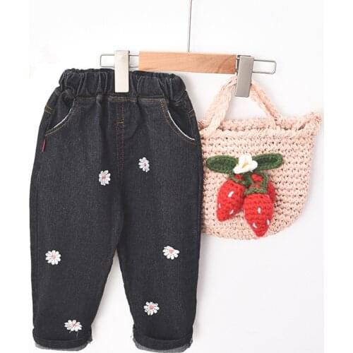 Girls' Lace-Up Straight Flare Harlan Jeans 2021 Spring New Childrens Cartoon Letters Printed Bowknot Hem Soft Elastic Pants