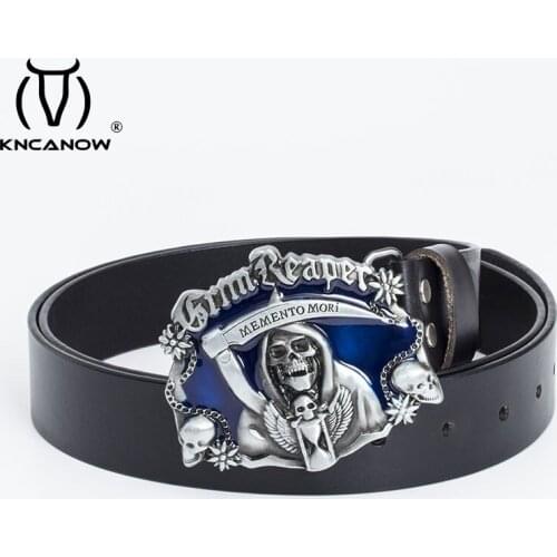 Luxury New Fashion Designer Men Belt Blue Enameled Grim Reaper Skull Buckle High Quality Genuine Leather Of Cowskin For Trousers