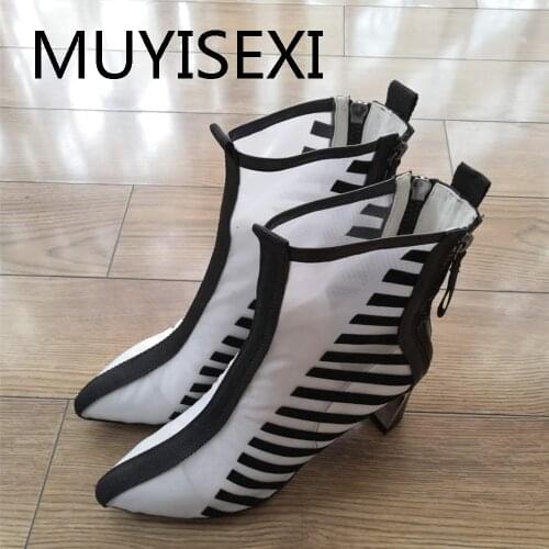 Air Mesh Boots Pointed Toe Stripe Short Booties Women Pumps 6cm High Heels Spring White Black Summer Breathable HL143 MUYISEXI