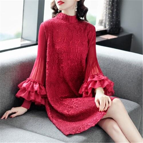 Fold Dress Female Heavy Industries Of New Fund Of 2020 Autumn Miyake Fold Embroidery Beaded Loose Thin Red Bress