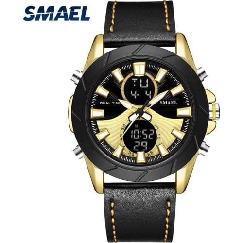 SMAEL Brand Men Quartz Wristwatches Waterproof Leather Strap Men Dual Display Watches Casual Fashion Day-Date Clock 1386