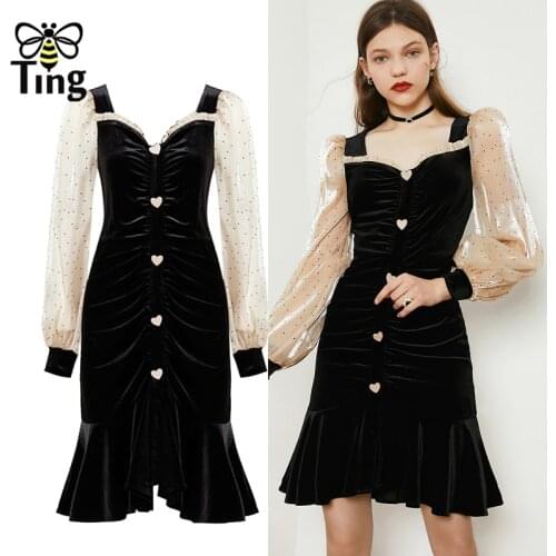 Tingfly Women Vintage Elegant Ruched Sweetheart Neckline Black Mermaid Mini Short Party Dresses Lady Slim Heart Button Elbise Z