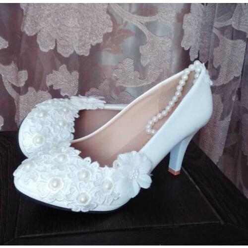 Lace pearls high heels pumps wedding shoes woman handmade ivory pearls platforms sweet romantic bride bridal wedding shoes