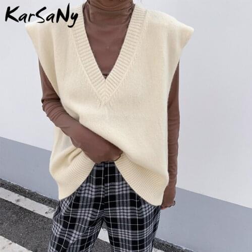KarSaNy Knitted Sweater Vest Women Spring Autumn Solid Loose V neck Sweaters For Women Sleeveless Sweater Blue Knitted Vest