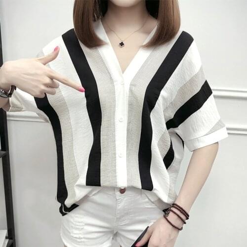 Women Blouses Summer Striped Blouse V-Neck Womens Tops Half Sleeve Lady Casual Tops Shirt Loose Blusa Feminina Plus Size Clothes