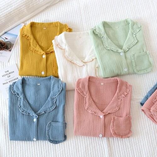 Fdfklak Spring Gauze Cotton Pajamas For Women Sleepwear Female Trousers Nightwear Pijamas 2 Piece/Set Home Suit Pyjama