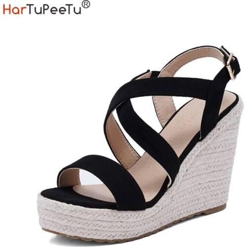 2021 Summer Women Flock Wedges Size 34~43 Bohemian Sandals Cross Buckle Strap Solid Black Brown Casual Platform Hemp Shoes