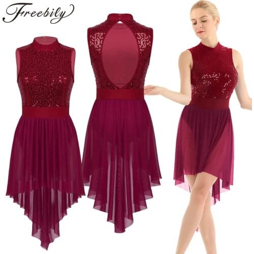 Women Halter Sleeveless Shiny Sequined High Low Mesh Gymnastics Leotard Skating Ballet Dance Dress Adult Lyrical Dance Costumes