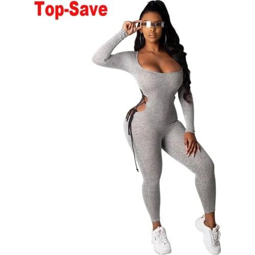 Sexy Outfits For Woman Jumpsuits Lace Up Hollow Solid Casual Bodysuit Long Sleeve Bandage Romper Bodycon Playsuit Dropshipping