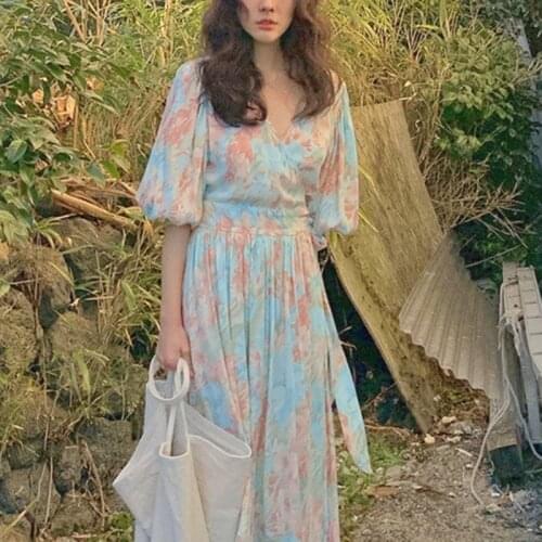 Summer Korean Floral Print Dress Women Elegant French Retro Designer Party Midi Dress Casual Dye Spring Beach Fairy Long Dress