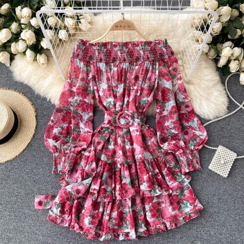 Teeuiear Boho slim sexy off shoulder floral print ruffles mini short Dress autumn bandage dress Women casual beach holiday dress
