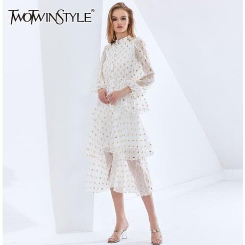 TWOTWINSTYLE Perspective Polka Dot Womens Dress Stand Collar Lantern Sleeve High Waist Sequin Elegant Dresses Female New 2021