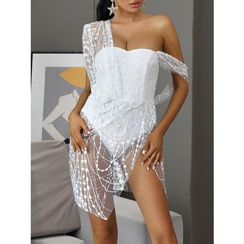 Summer Women Sexy Strapless Mesh Sequins DressTransparent Slit Costume Bar Nightclub Catwalk Stage Wear Party Club Dress Vestido