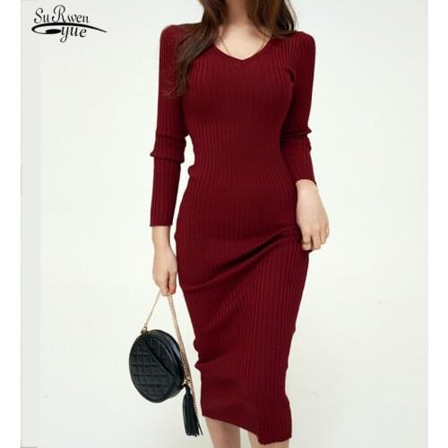 New Knit Sweater Dress Women Solid Vintage Long Sleeve Long Dress V-Neck Winter Midi Dress for Women Clothing Robe Femme 12700