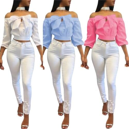 2021 Fashion Trend Explosive Style Summer Sexy Sliding Neck Bow Top (3 Colors)