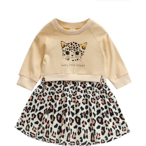 2021 0-3Y Casual Toddler Girls Dress Cat Print Long Sleeve Sweatshirt Top Patch Leopard Pleated Dress Spring Fall Clothes
