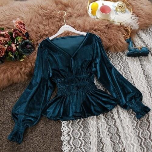 Blouse Womens Flounced Long-Sleeved Shirt Loose V-neck Velvet Top Blusas Ropa De Mujer