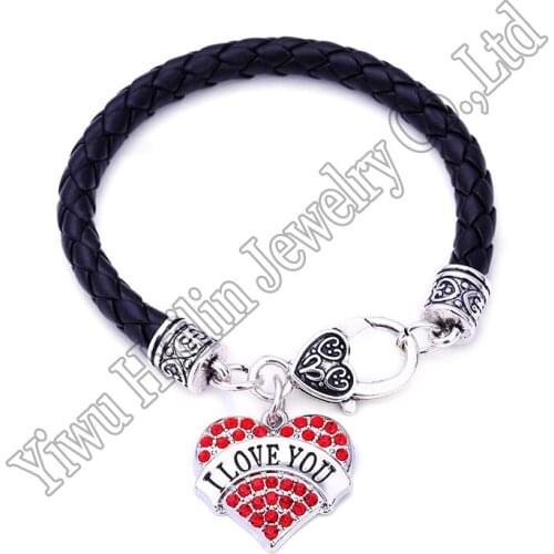 Handmade Clear Crystal Heart Pendant Bracelets Black Leather Engraved Letters I LOVE YOU Hand Jewelry
