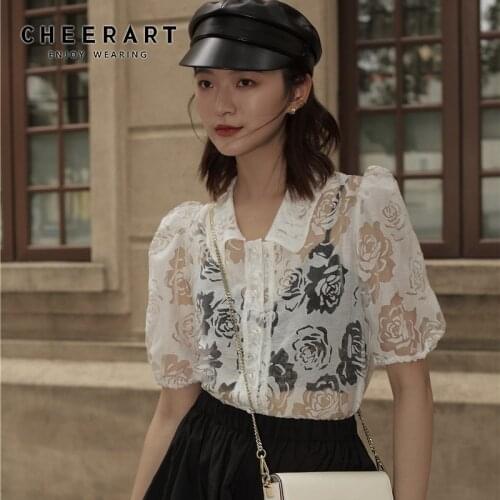 CHEERART See Through Top Puff Sleeve Floral Women Tops And Blouses Summer Collar Shirt Sheer Top Ladies Transparent Blouse