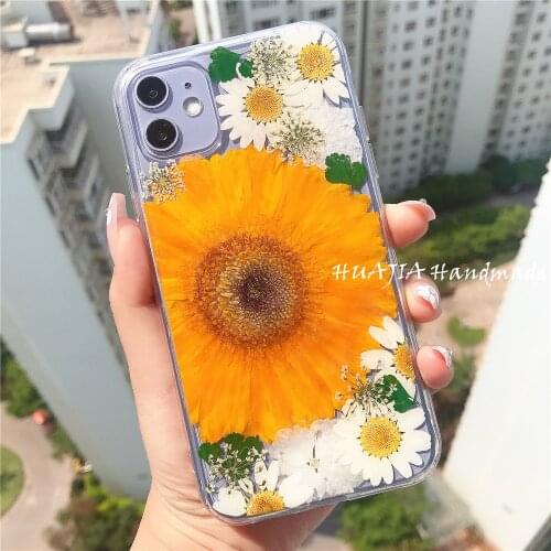 Real Flower Case for iPhone 12 Pro Max 12 mini 11 Xs Max 7 8 Plus SE2020 6S, Gerbera Daisy Pressed Floral Phone Back Cover Women
