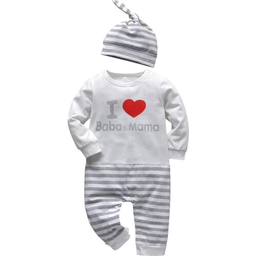 Baby Romper I Love Baba and Mama Letter Print Long Sleeve Jumpsuit Pajamas+hat 2PCS Newborn Baby Girl Infant Toddler Clothes