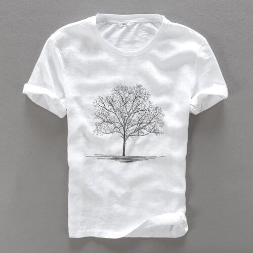 100% Linen and cotton summer men t-shirt white casual t shirt men fashion tree-embroidery tshirt mens brand t shirts male camisa