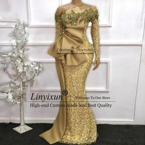 Elegant African Long Sleeves Lace Mermaid Evening Dresses 2021 Aso Ebi Long Gold Beaded Prom Gowns Custom Made Robe De Soiree