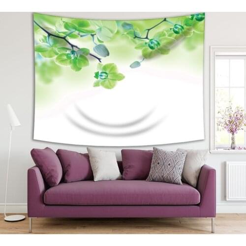 Tapestry Orchids Branches Tropical Flowers Buds on Becomes Blurred Background Decorating Photo Printed Green White