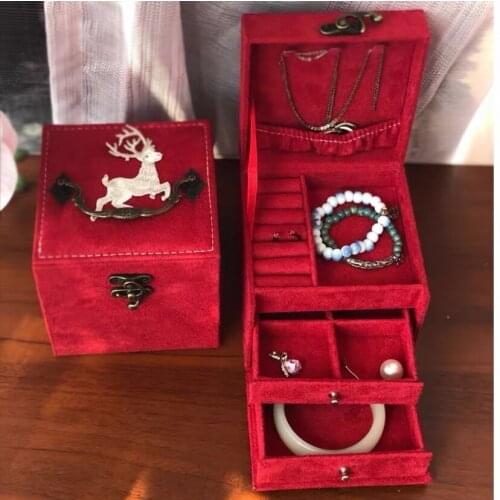 HOSENG Red Deer Jewelry Casket Necklace Ring Earring Box Embroidered Three-Layer Flannel Storage Case HS_33567