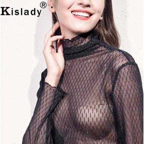 Kislady Women Clothes 2020 Long Sleeve Color Shining Silk T Shirt Transparent Sexy Mesh Top Hot Black Round Neck Korean Tshirt