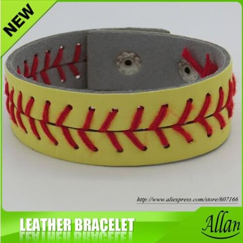 Leather Softball Seam Bracelets (Yellow with Red Seam)