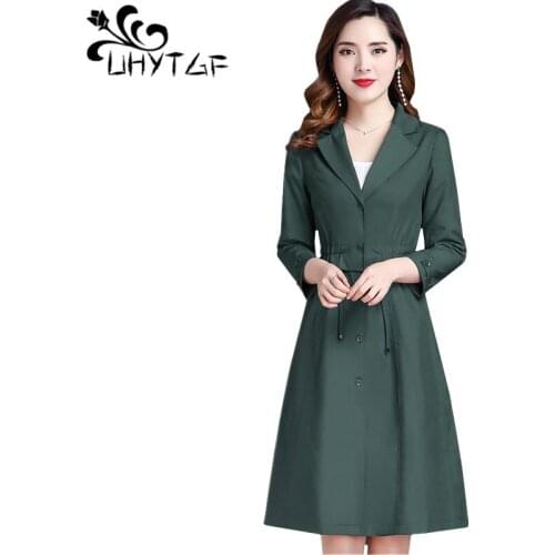 UHYTGF Hot sale Thin spring trench coat Mid-length slim temperament Plus size outerwear Fashion splice casual womens coats 1390