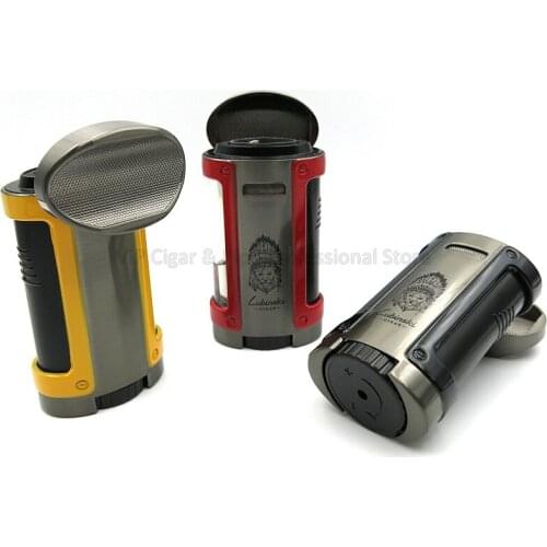 LUBINSKI Metal Four Torch Jet Flame Cigar Cigarette Tobacco Lighter Puro Holder Top Smoking Tool W/Case Gift Box Windproof