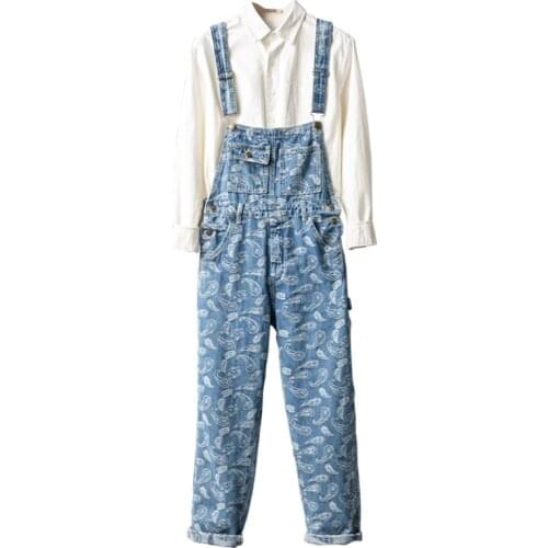 Men Denim Overalls Casual Club Straight Cargo Pants Hip Hop Cowboy Trousers Print Jumpsuits Multi-Pockets Stage Costumes S-2XL