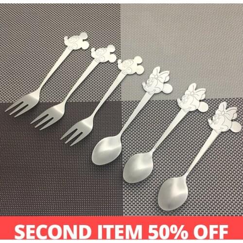 6pcs Stainless Steel Tea Spoons set Cartoon Mickey Minnie Spoon Fork Cream Dessert Teaspoon Portable Kids Children Baby Cutlery