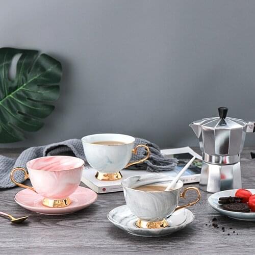 Chic Ceramic Marble Coffee Cup and Saucer Set Fashion Glasses Gold-plated Porcelain Tea Breakfast Milk Morning Milk Jug Cup