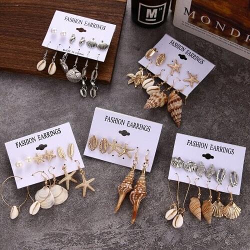 KINFOLK Vintage Gold Shell Conch Earrings Set Bohemian Shell Starfish Drop Earrings for Women Jewelry Brincos Accessories Gifts