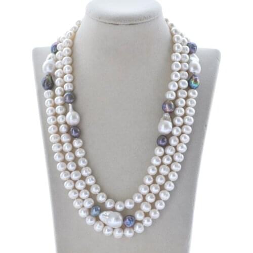 Z10706 3Row 19" 17mm White Round Black Keshi Baroque Pearl Necklace