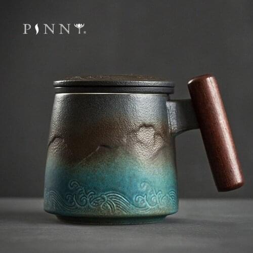 PINNY 310ML Vintage Ceramic Tea Mugs Retro Coffee Cup Office Water Cup Filter Tea Cup With Cover Wooden Handle Office Teacup
