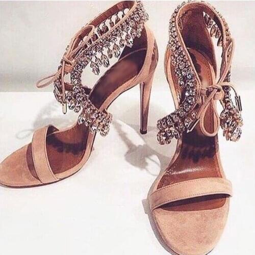 Sexy Crystal Embellished Stiletto Heels Sandals Tie-up Rhinestone Tassel Gladiator Dress Shoes Women Cut-out Buckle Strap Party