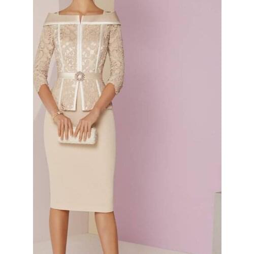 3/4 Sleeves Mother Of The Bride Dresses Sheath Knee Length Lace Pearls Plus Size Short Groom Mother Dresses For Wedding