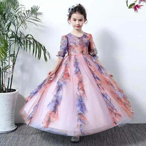 Flower Girl Dresses Elegant O-Neck Short Embroidery Princess Floor-Length Tulle Lace Luxury Pink Vintage Kids Party Gown H552