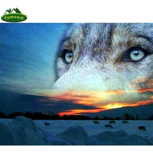 Full Square Diamond Painting Cross Stitch Snow Wolf Face Diamond Mosaic Sunset Scenery DIY Needlework Diamond Embroidery Winter