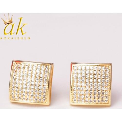 12MM Square Men Women Stud Earring Gold Color Iced Cubic Zircon Screw Back Earrings Hip Hop Jewelry
