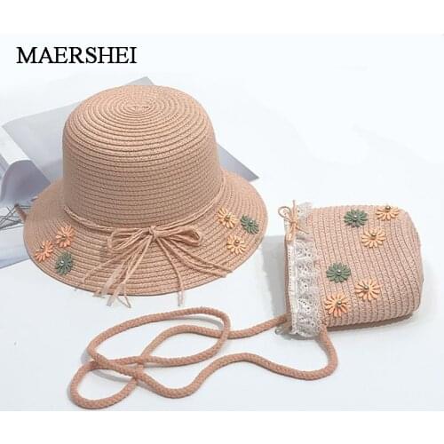MAERSHEI Baby Girls Straw Sun Hat Fashion Flower Bow Cute Kids Beach Hat Kids Cap Small Bag Set 4 color