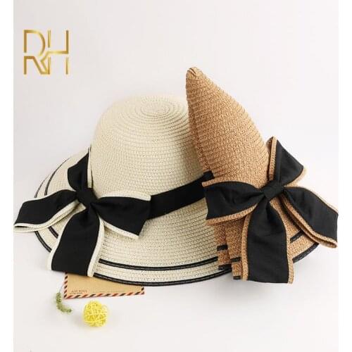 Women Foldable Beach Sunscreen Straw Hat Female Folding Big Black Bow Knot Sun Hat RH