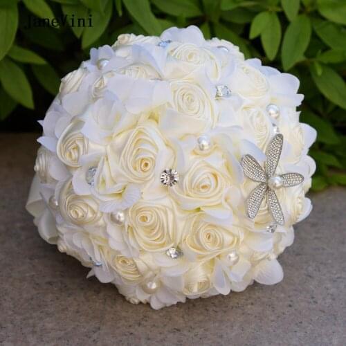 JaneVini Romantic Ivory Crystal Bridal Bouquets Wedding Bridal Artificial Flower Rose Brides Wedding Brooch Bouquet De Mariage